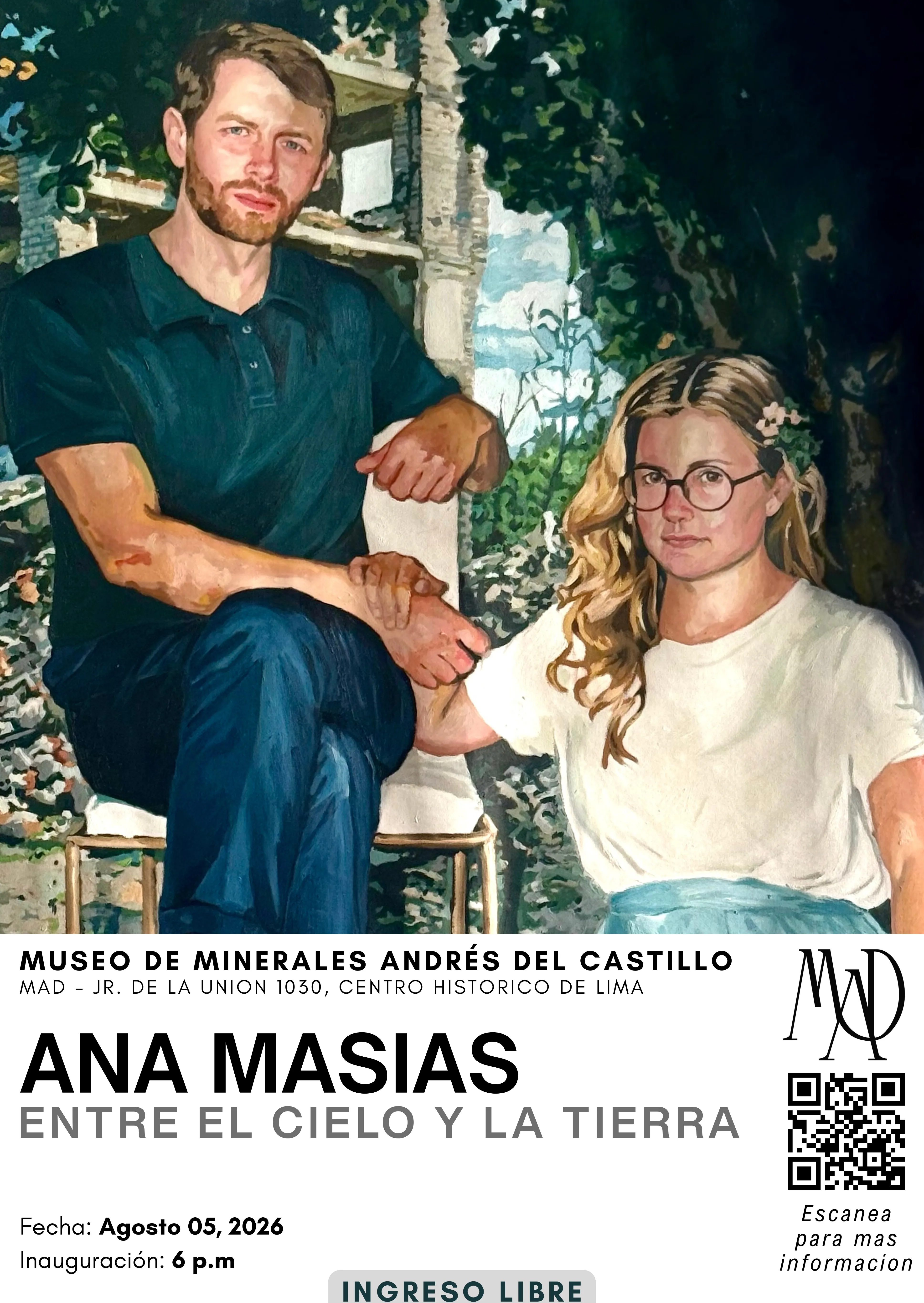 Afiche oficial de la exposición: Entre el cielo y la tierra - Ana Masias, artista plástica peruana