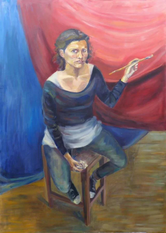 Autorretrato con pincel y waype — Ana Masías, 2010, óleo sobre lienzo