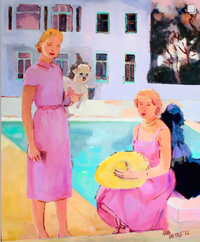 La piscina, Sisi y Joanne — Ana Masías, 2022, óleo sobre lienzo