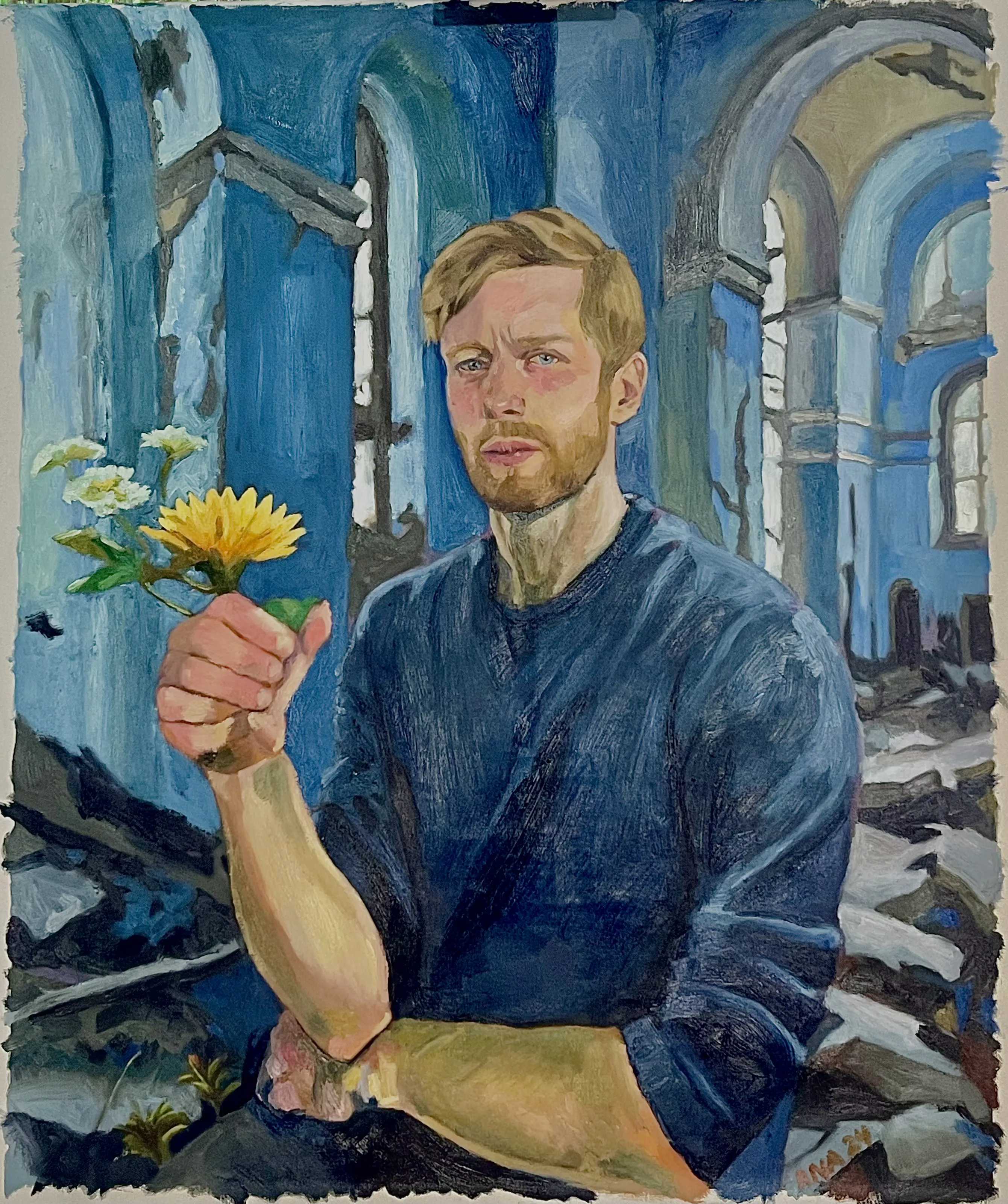 Caminé sobre la muerte, pero en mis manos queda vida — Ana Masias, 2024, óleo sobre lienzo, 110 × 90 cm