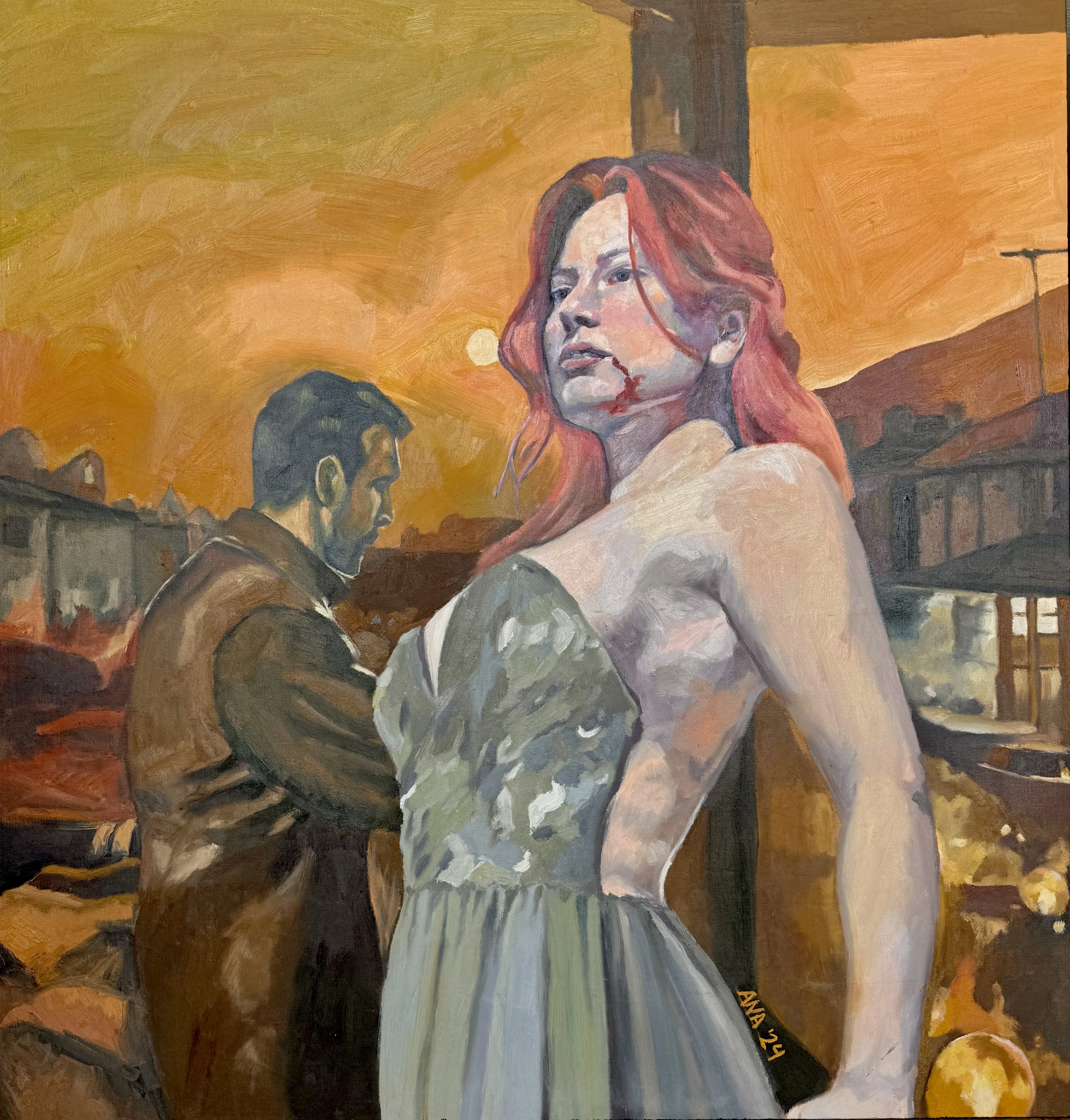 El sol se puso sobre nuestras promesas — Ana Masias, 2024, óleo sobre lienzo, 130 × 130 cm
